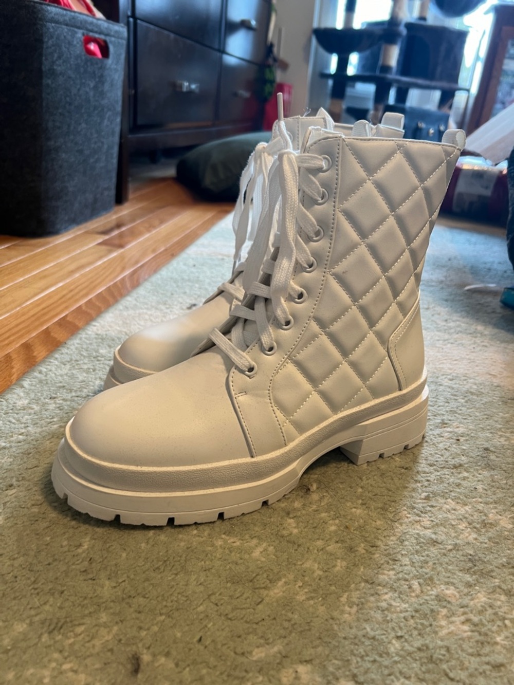 Quilted Lace-Up Combat Boots - White